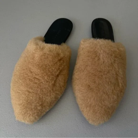 Jenni Kayne Shearling Pointed Toe Flat Mule in Natural EU38 US7.5-8 - Picture 1 of 8